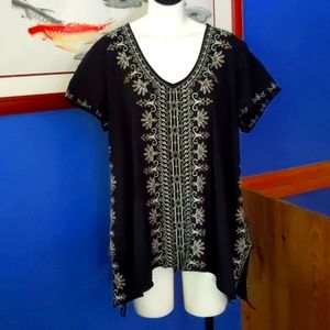 Johnny Was Black Tunic with White Embroidery